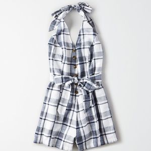American Eagle Navy Plaid Halter Romper